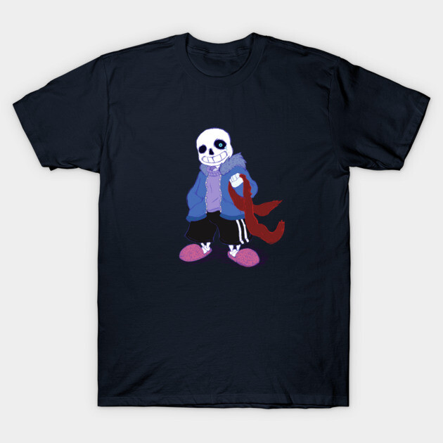 Navy t-shirt featuring a cartoon skeleton in a blue jacket and red scarf, casual style, cotton material.