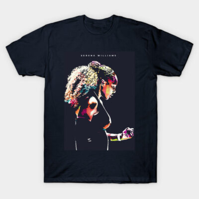 Black graphic T-shirt featuring colorful athlete silhouette, cotton material, casual style for everyday wear.