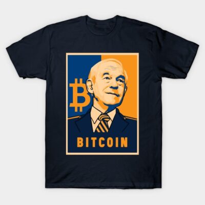 Navy blue Bitcoin graphic t-shirt, featuring bold orange and blue design, perfect for casual wear and cryptocurrency enthusiasts.
