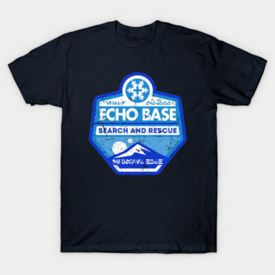 Navy blue t-shirt with "Echo Base Search and Rescue" graphic in blue, perfect for casual wear and outdoor enthusiasts.