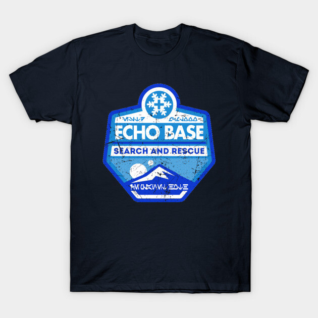 Navy blue t-shirt with "Echo Base Search and Rescue" graphic in blue, perfect for casual wear and outdoor enthusiasts.