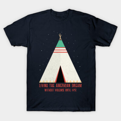 Black t-shirt with teepee graphic and text, casual style, cotton material, suitable for everyday wear.