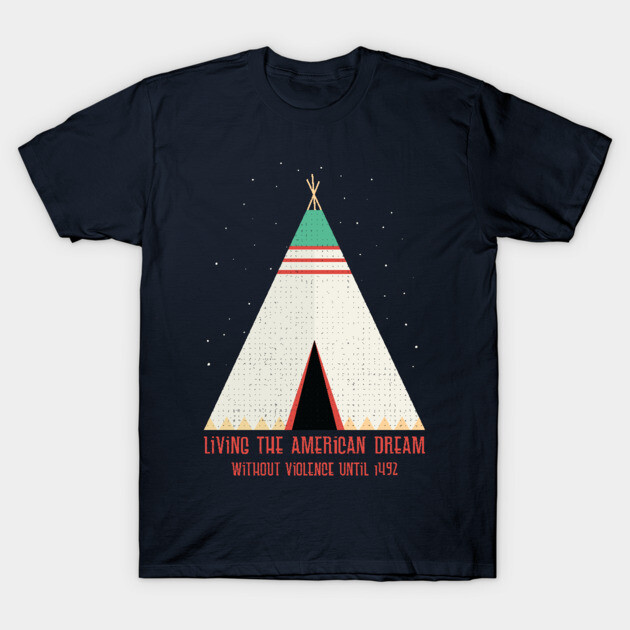 Black t-shirt with teepee graphic and text, casual style, cotton material, suitable for everyday wear.