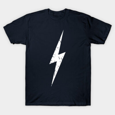 Navy blue t-shirt with distressed white lightning bolt design, casual style, cotton material, unisex.