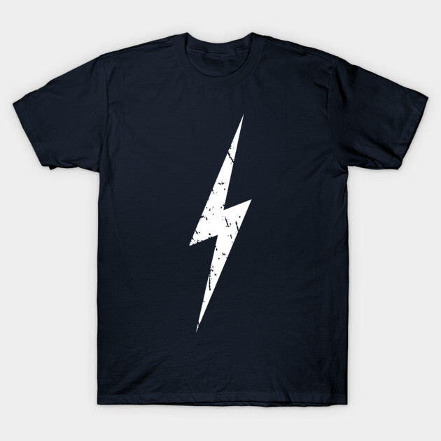 Navy blue t-shirt with distressed white lightning bolt design, casual style, cotton material, unisex.