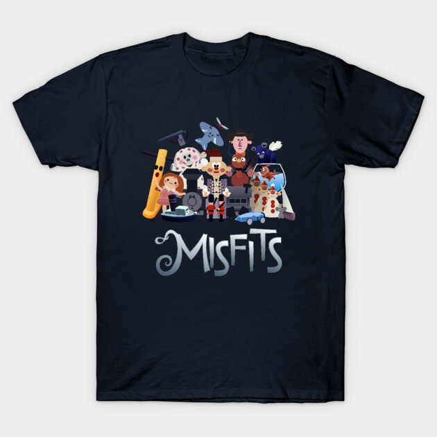 Black graphic t-shirt featuring colorful cartoon characters and "Misfits" text, casual wear, cotton material.