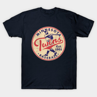 Navy blue Minnesota Twins baseball T-shirt, vintage style logo, casual wear, cotton material.