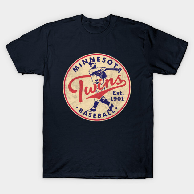 Navy blue Minnesota Twins baseball T-shirt, vintage style logo, casual wear, cotton material.