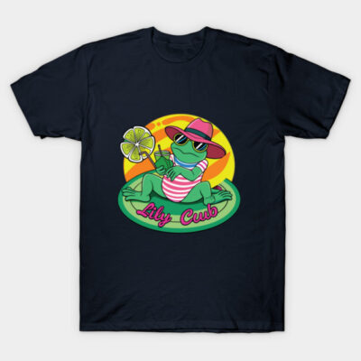 Navy blue t-shirt with colorful frog graphic, summer theme, casual wear, cotton material.