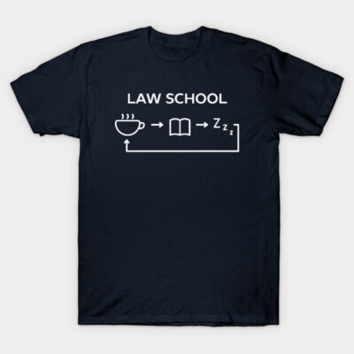 Navy blue t-shirt with "Law School" humorous design featuring coffee, book, and sleep icons; casual cotton wear.