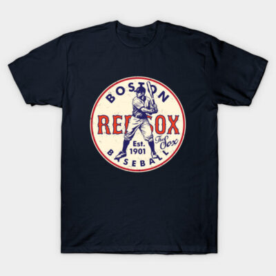 Navy blue T-shirt with vintage baseball logo design, featuring Boston team graphics, perfect for sports fans and casual wear.