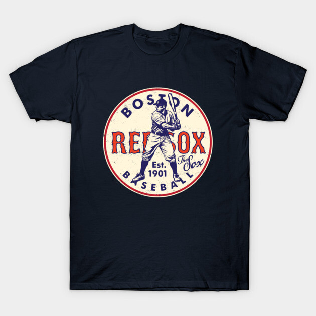 Navy blue T-shirt with vintage baseball logo design, featuring Boston team graphics, perfect for sports fans and casual wear.