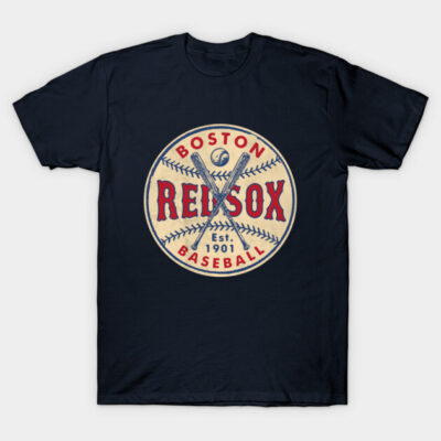 Navy blue Boston baseball-themed T-shirt with vintage logo design, suitable for casual wear, 100% cotton.