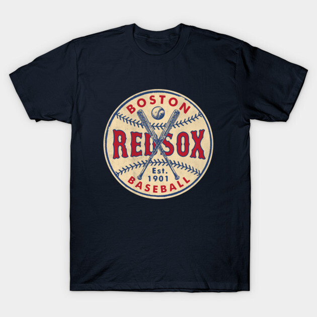 Navy blue Boston baseball-themed T-shirt with vintage logo design, suitable for casual wear, 100% cotton.