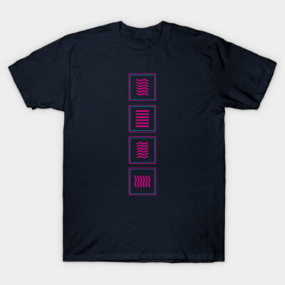 Navy blue T-shirt with abstract pink geometric design, casual cotton wear for everyday use, unisex style.