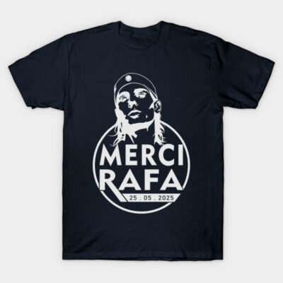 Navy blue t-shirt with "Merci Rafa" graphic design, casual style, 100% cotton, unisex fit.