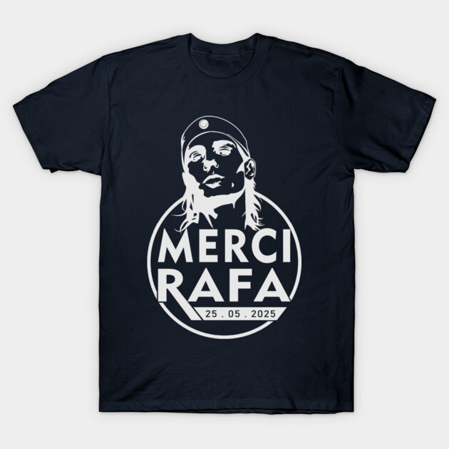 Navy blue t-shirt with "Merci Rafa" graphic design, casual style, 100% cotton, unisex fit.