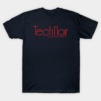 Black cotton t-shirt with red "Tech Noir" print, casual style, unisex apparel for everyday wear.