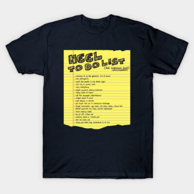Black t-shirt with "Heel To-Do List" graphic in yellow notebook style, casual wear.