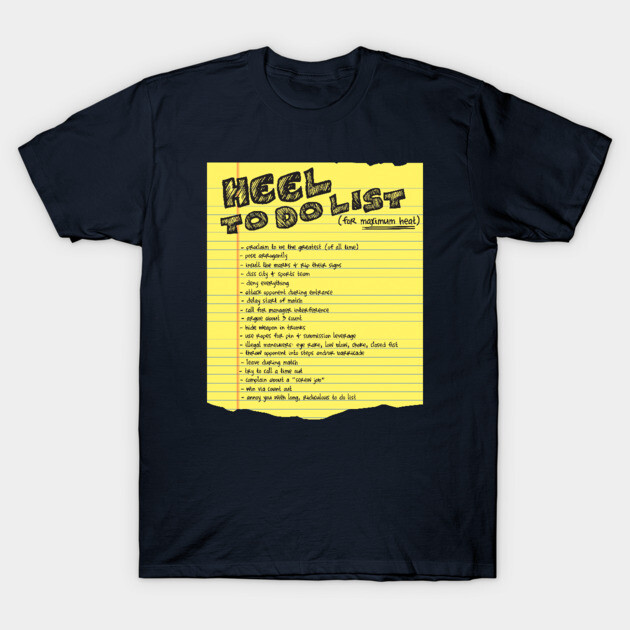 Black t-shirt with "Heel To-Do List" graphic in yellow notebook style, casual wear.