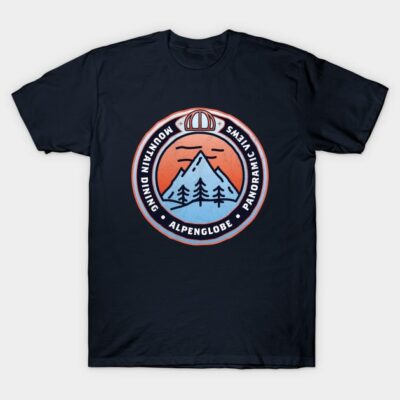 Navy blue t-shirt with mountain and trees graphic, featuring text "Mountain Dining Alpenglobe Panoramic Views," casual wear.