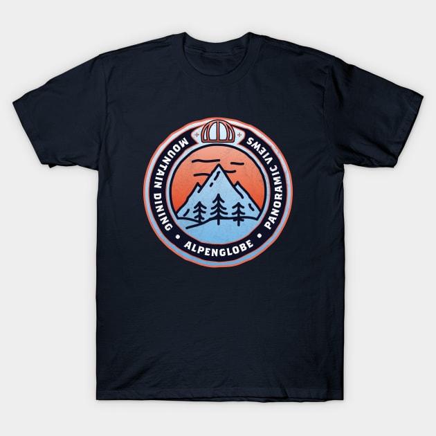 Navy blue t-shirt with mountain and trees graphic, featuring text "Mountain Dining Alpenglobe Panoramic Views," casual wear.