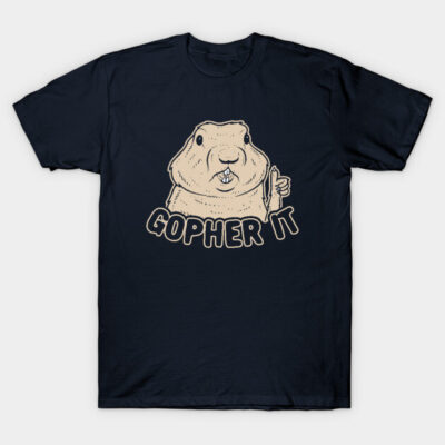 Navy blue "Gopher It" graphic t-shirt, casual style, featuring a playful gopher design, perfect for everyday wear.