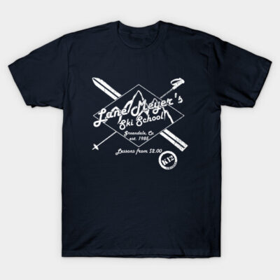 Navy blue T-shirt with vintage ski school graphic, casual style, ideal for outdoor enthusiasts, soft cotton material.