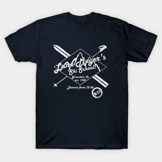 Navy blue T-shirt with vintage ski school graphic, casual style, ideal for outdoor enthusiasts, soft cotton material.