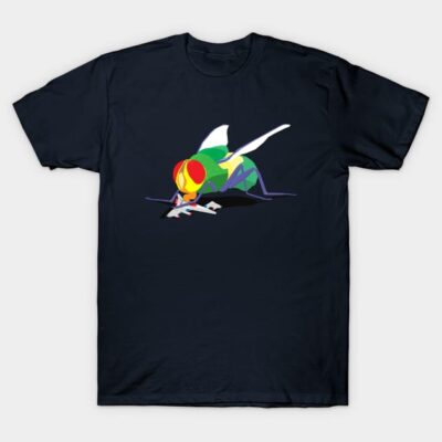 Navy blue t-shirt featuring a colorful abstract fly design, casual style, soft cotton material, unisex fit.