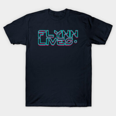 Black T-shirt with "Flynn Lives" graphic in neon style, casual wear, 100% cotton, unisex design.