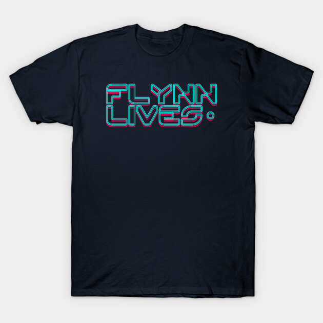 Black T-shirt with "Flynn Lives" graphic in neon style, casual wear, 100% cotton, unisex design.
