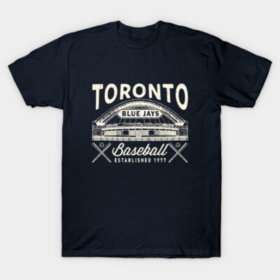 Navy blue Toronto baseball T-shirt, vintage style, featuring stadium and crossed bats design, cotton material.