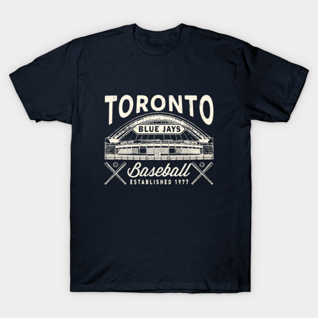 Navy blue Toronto baseball T-shirt, vintage style, featuring stadium and crossed bats design, cotton material.