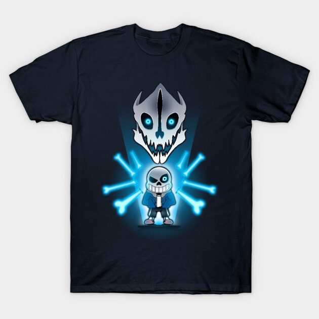 "Black graphic t-shirt featuring glowing blue skeleton and skull design, casual wear, soft cotton material."