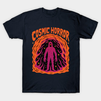 Black t-shirt with "Cosmic Horror" graphic, featuring vibrant orange and purple design, perfect for sci-fi fans.