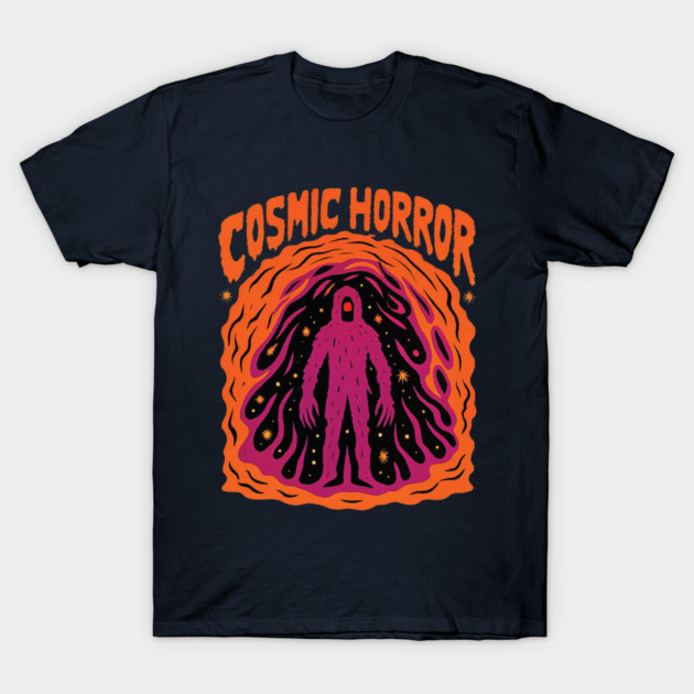 Black t-shirt with "Cosmic Horror" graphic, featuring vibrant orange and purple design, perfect for sci-fi fans.