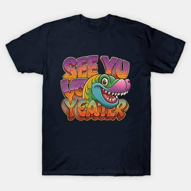 Black T-shirt with colorful dinosaur graphic and "See You Later" text, casual style, cotton fabric.