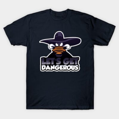 Navy blue graphic t-shirt featuring cartoon duck with hat and "Let's Get Dangerous" text, casual style, cotton material.