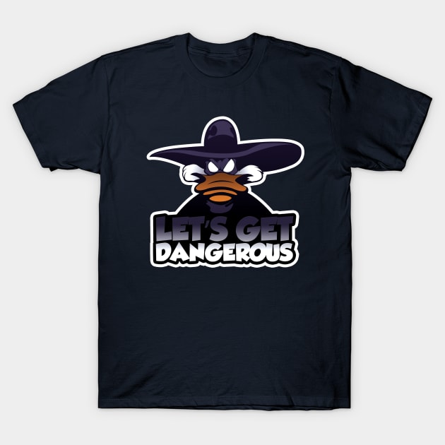 Navy blue graphic t-shirt featuring cartoon duck with hat and "Let's Get Dangerous" text, casual style, cotton material.