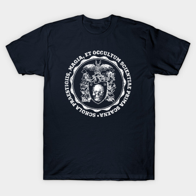 Navy blue t-shirt with white occult crest design, featuring Latin text. Perfect for casual wear and mystical style.
