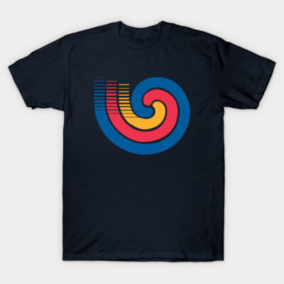 Navy t-shirt with retro swirl design in blue, red, and yellow. Casual style, cotton material, unisex fit.