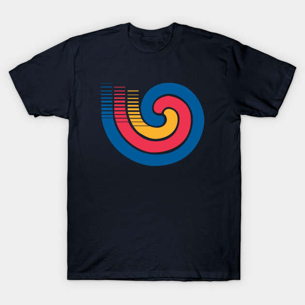 Navy t-shirt with retro swirl design in blue, red, and yellow. Casual style, cotton material, unisex fit.