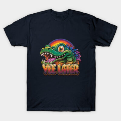 Navy blue t-shirt with colorful cartoon dinosaur and "Yee Later" text, perfect for casual wear or gifting.