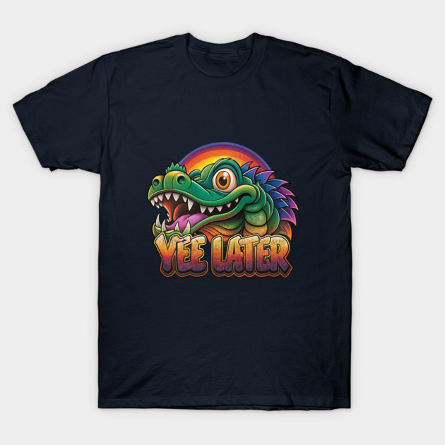 Navy blue t-shirt with colorful cartoon dinosaur and "Yee Later" text, perfect for casual wear or gifting.