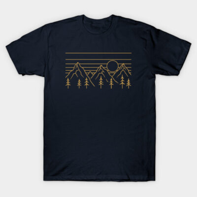 Navy blue t-shirt with minimalist mountain and tree line art design, perfect for casual outdoor wear.