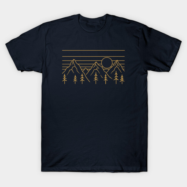 Navy blue t-shirt with minimalist mountain and tree line art design, perfect for casual outdoor wear.