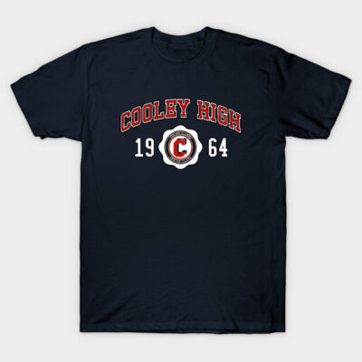 Navy blue Cooley High 1964 T-shirt with bold red and white lettering, casual cotton apparel for everyday wear.