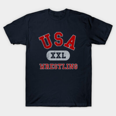 Navy blue USA Wrestling T-shirt, XXL size, featuring bold red and white print, sporty and casual style.