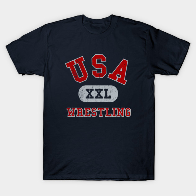 Navy blue USA Wrestling T-shirt, XXL size, featuring bold red and white print, sporty and casual style.
